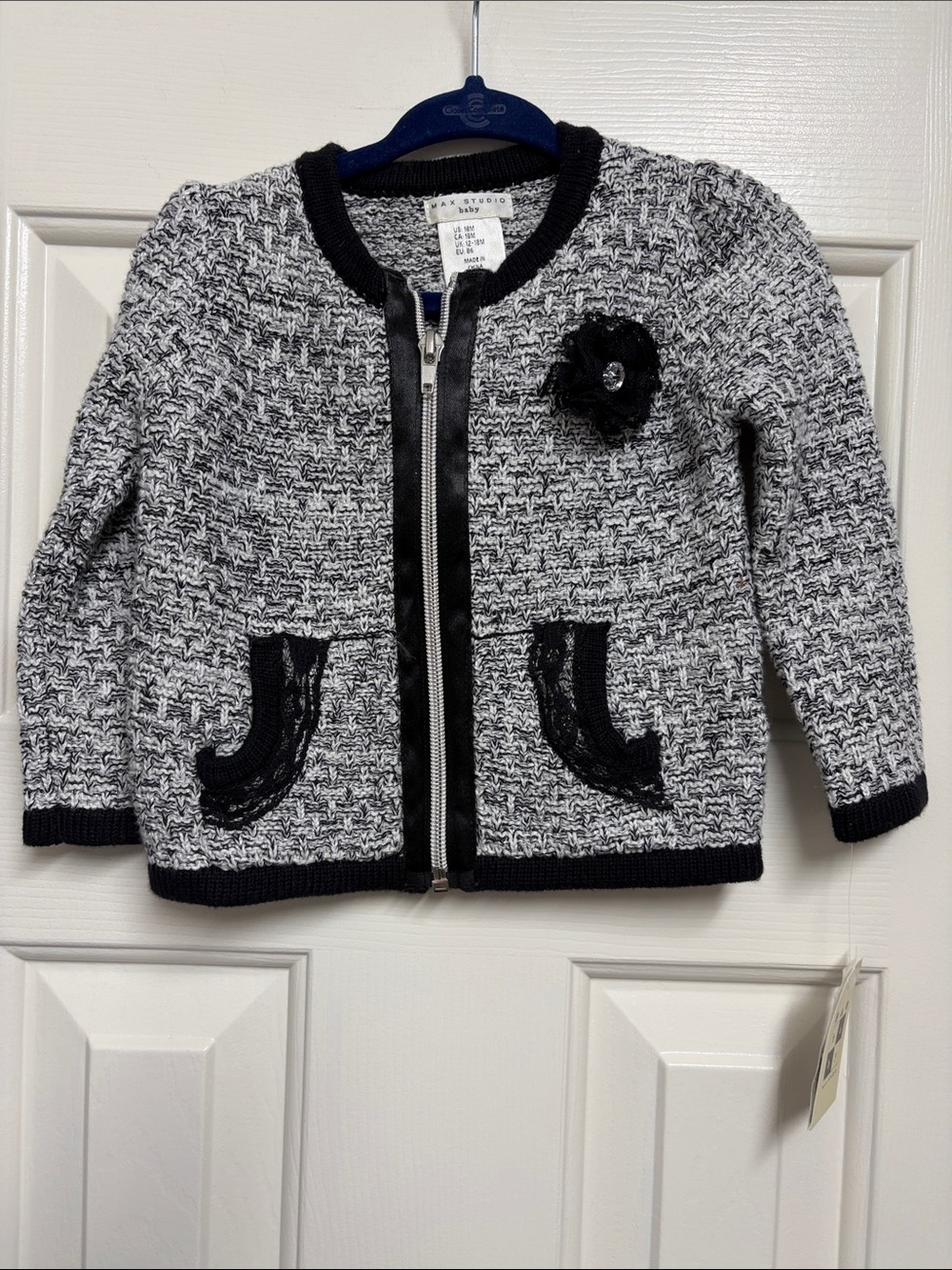Max Studio Black & White Tweed Zip Front Jacket with Flower Brooch